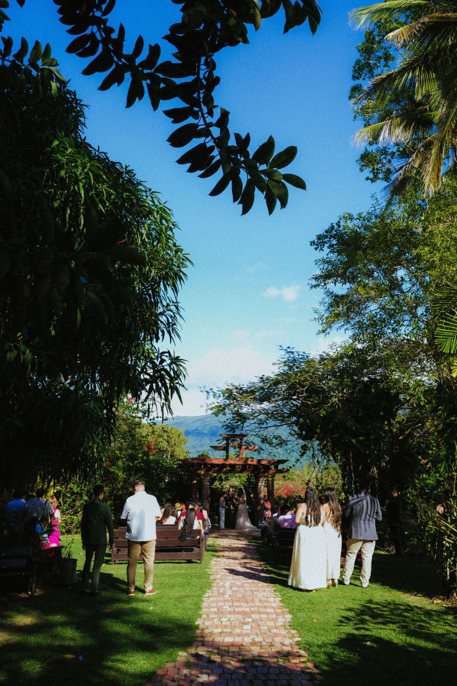 Outdoor wedding ceremony on a brick path surrounded by lush tropical trees with a pergola and ocean view under blue skies.