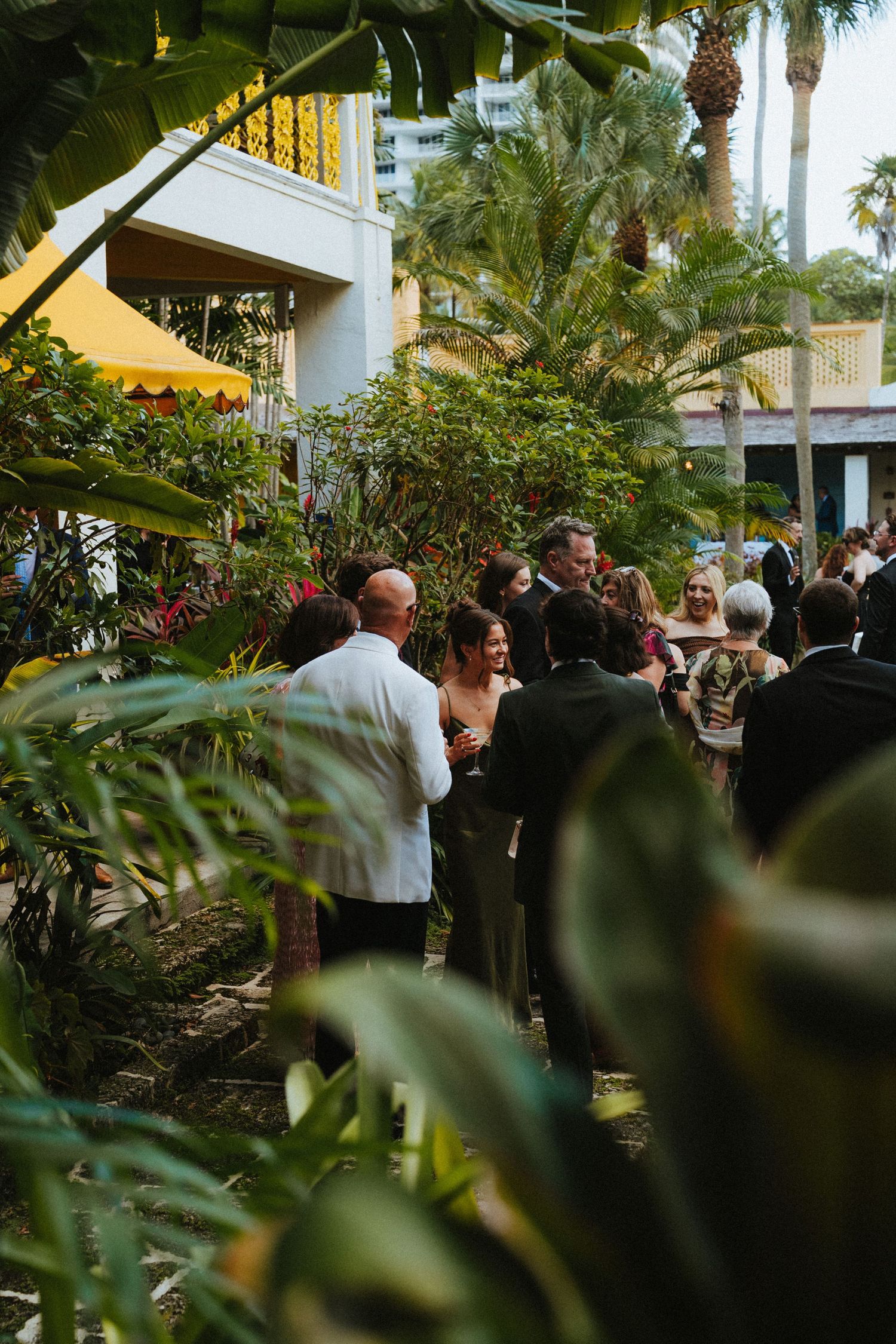 Wedding guests mingle outdoors amid lush tropical greenery near a yellow building during a garden reception.