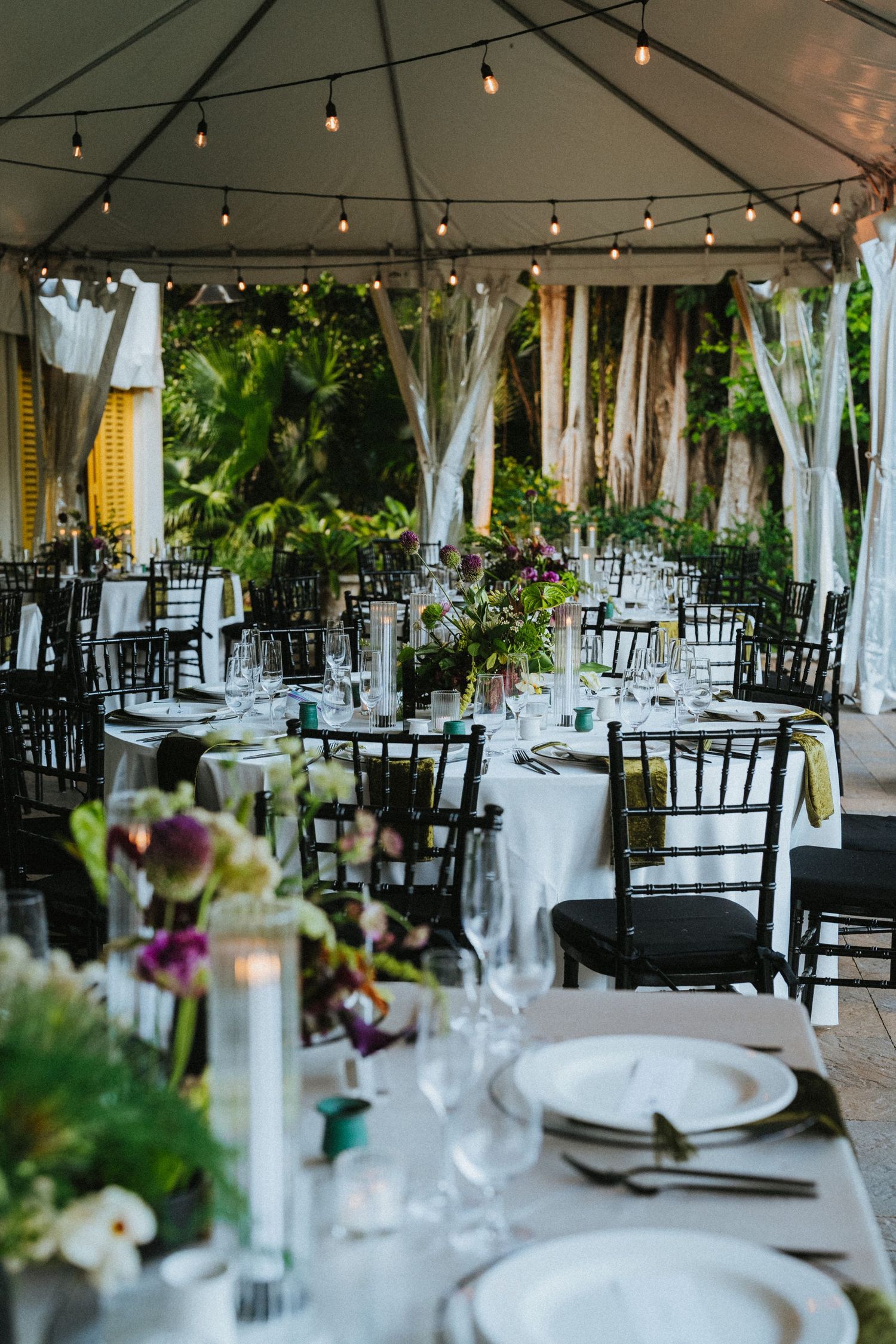 Elegant outdoor wedding reception under a tent with string lights, black chiavari chairs, and lush tropical greenery.
