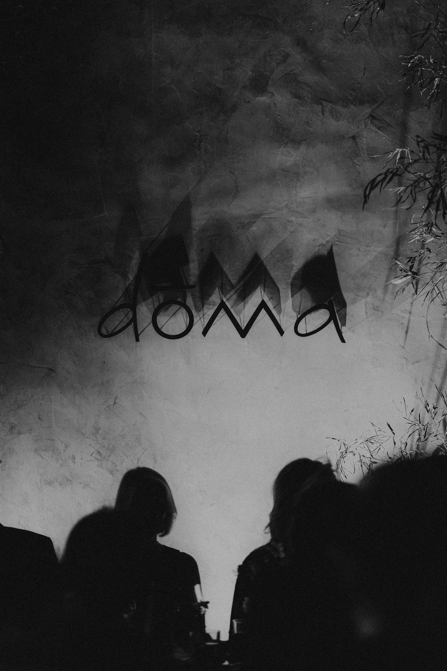 Black and white photo of silhouetted figures beneath the word doma written on a textured wall with plant shadows.