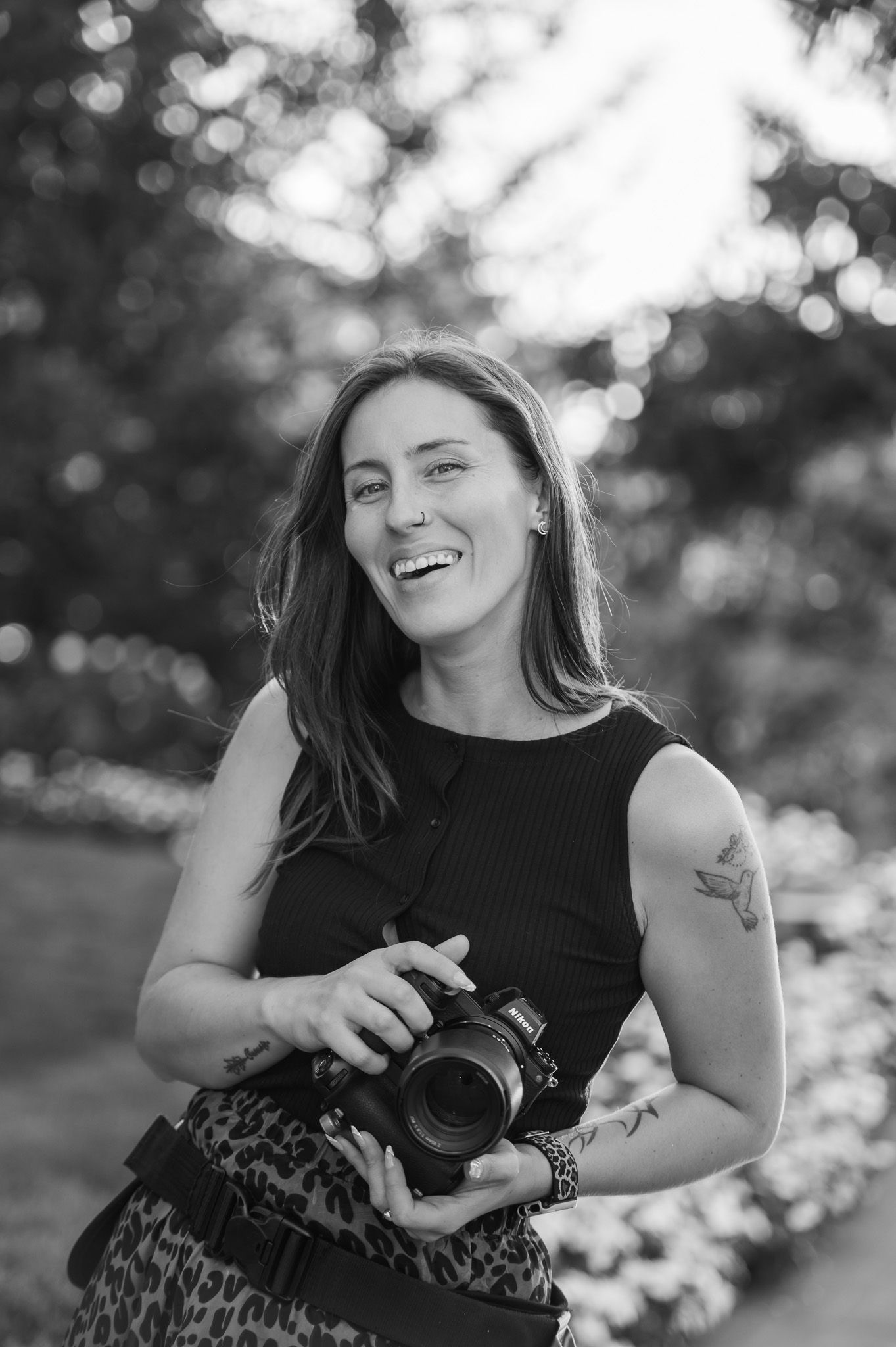 Outdoor photography sequence showing joyful moments in black and white.