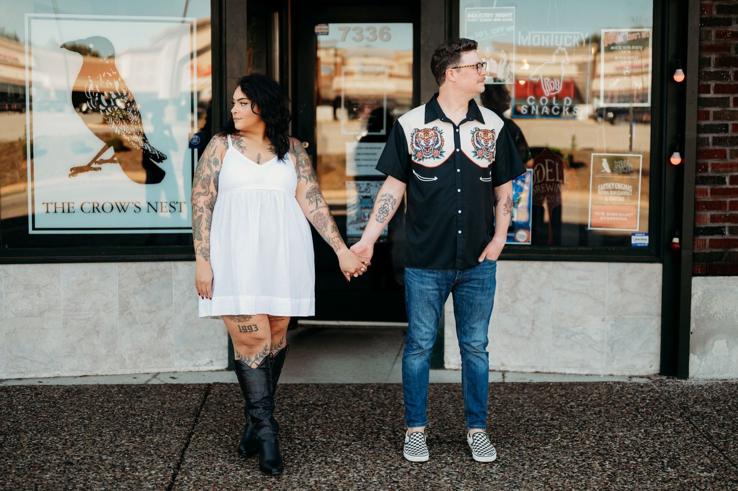 A couple walking together on a brick sidewalk outside a storefront, shown in a series of cropped photos.