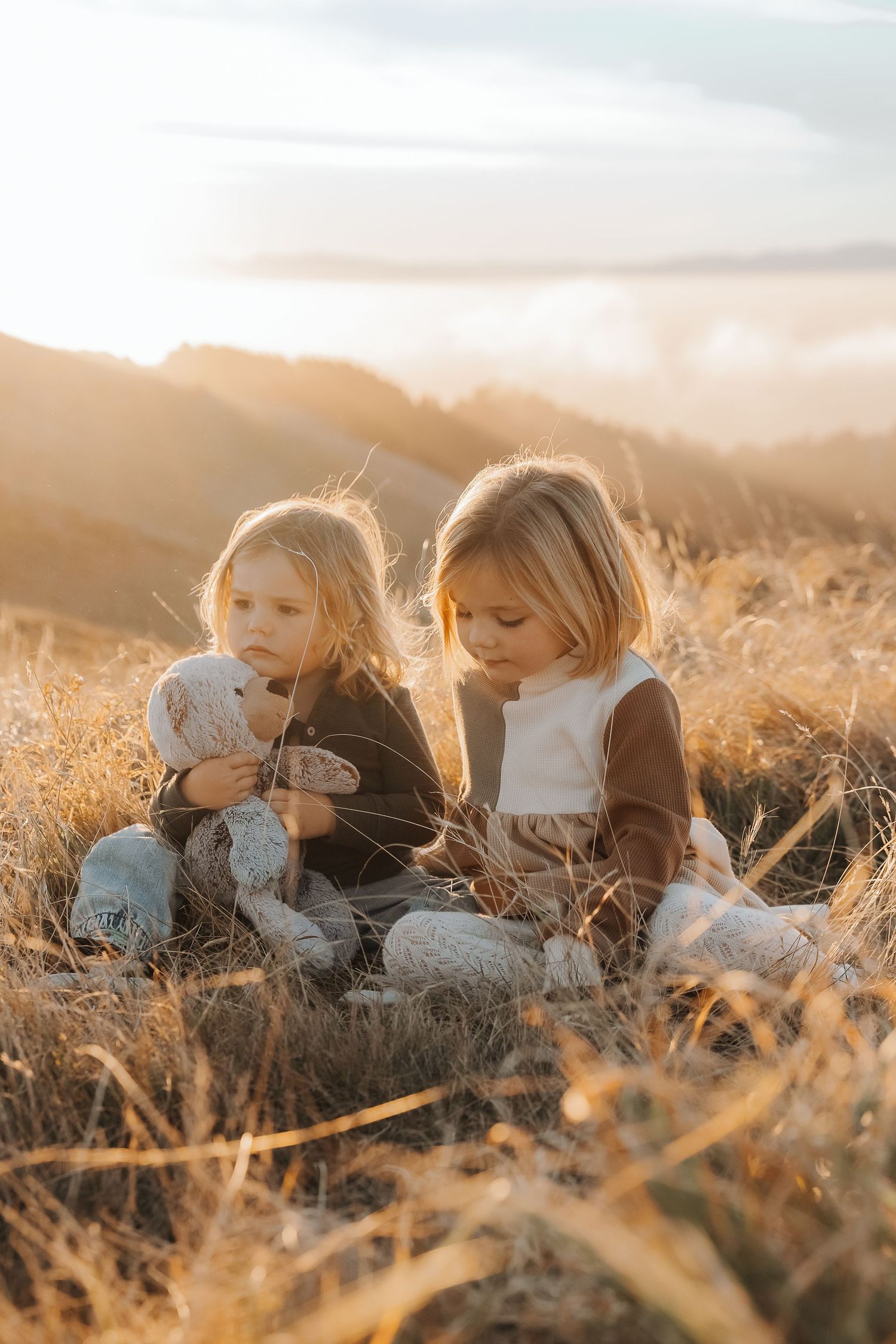 Two young girls sitting in golden grass at sunset, one holding a stuffed animal, with misty mountains in the background.
