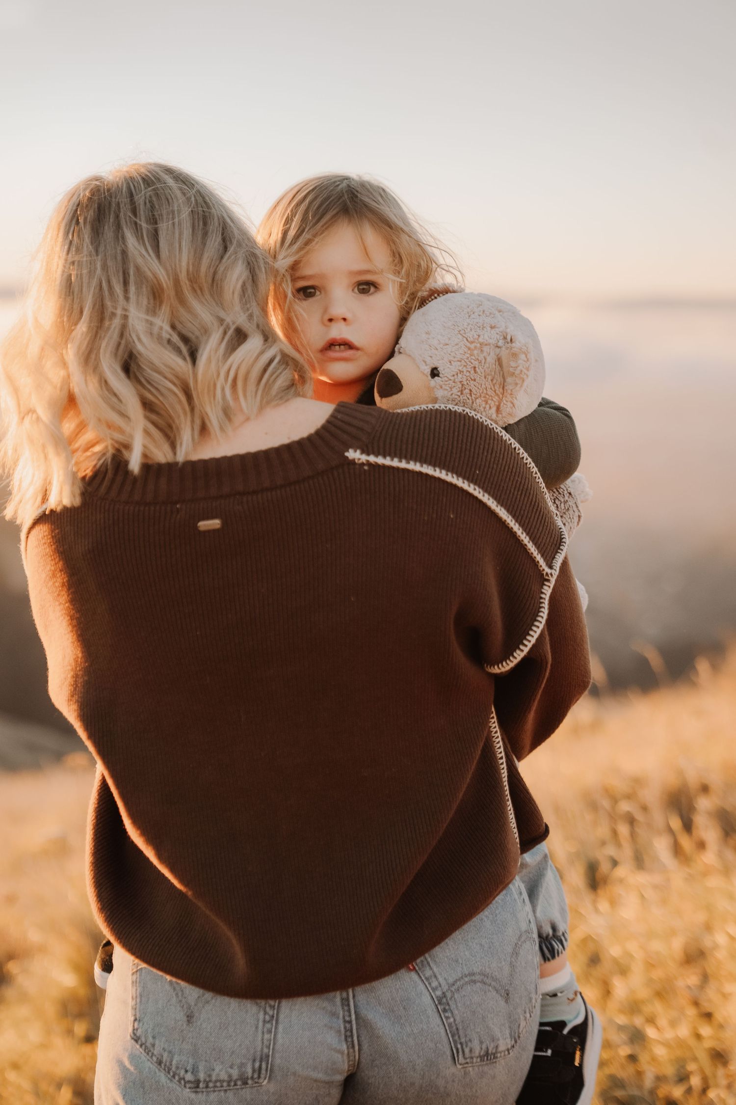 A mother in a brown sweater holds her young blonde child carrying a stuffed animal on a sunny hillside.