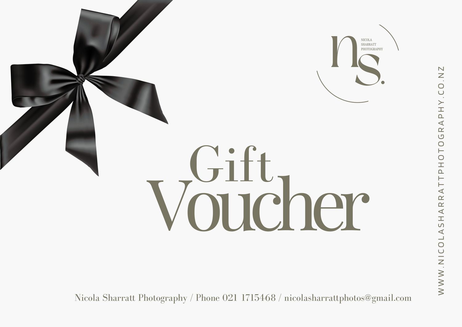 Nicola Sharratt Photography gift voucher with elegant black bow ribbon decoration and olive green branding logo.