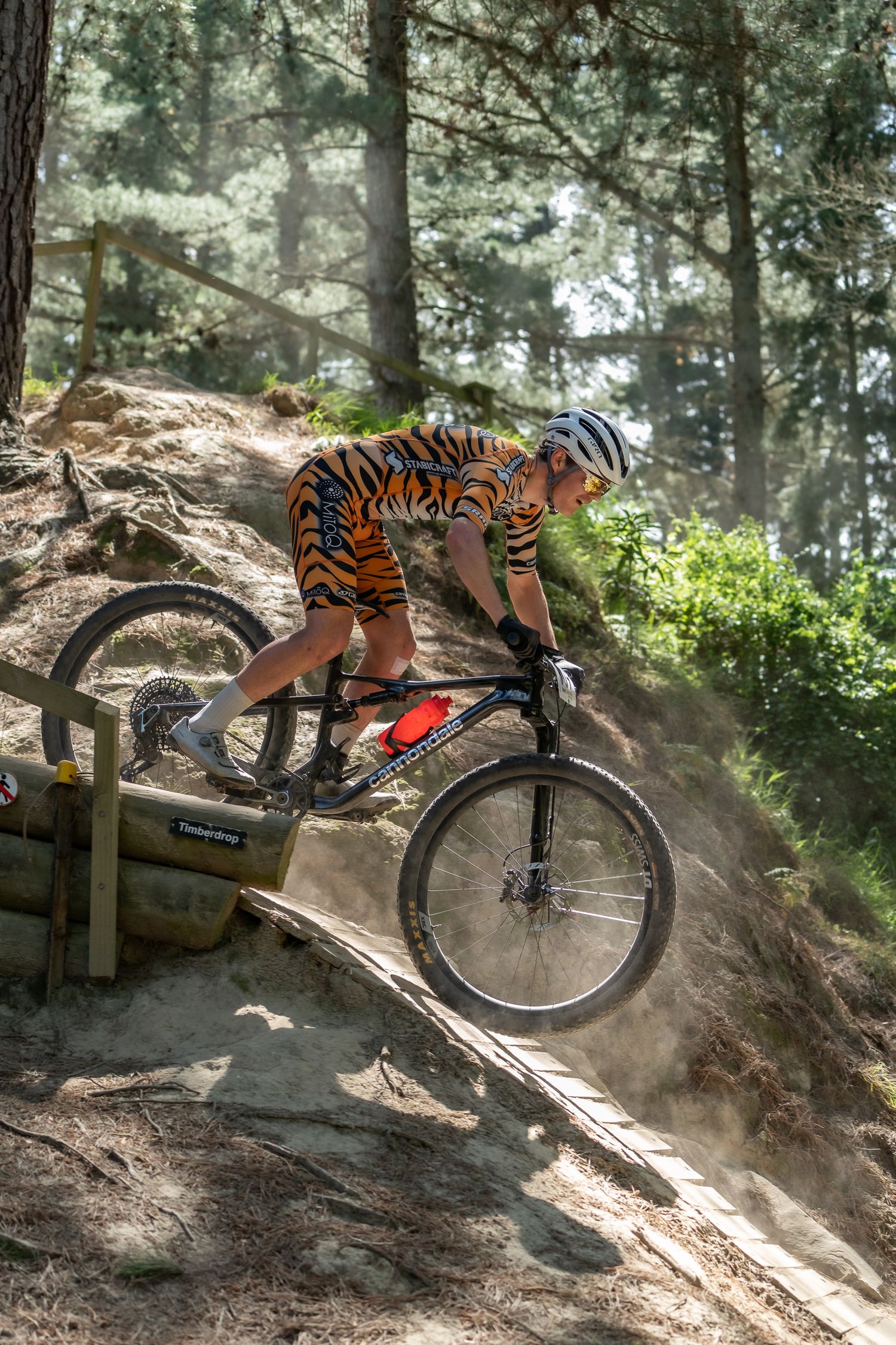 Mountain biker dropping down a steep slope at the Crocodile Park in Halswell Christchurch.