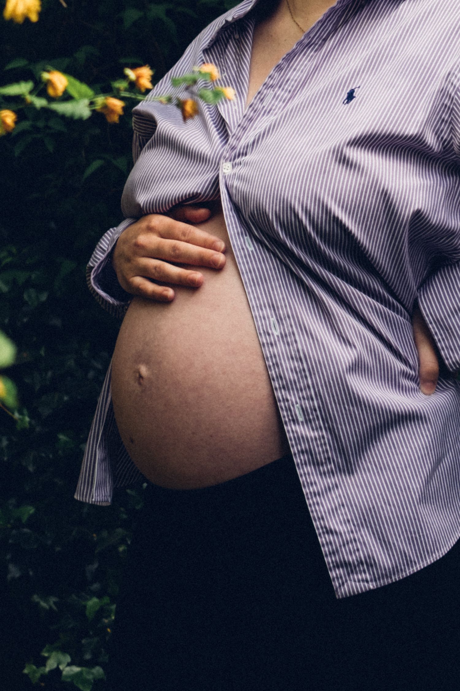 Close-up progression photos showing a growing pregnant belly in a striped button-down shirt against dark background.