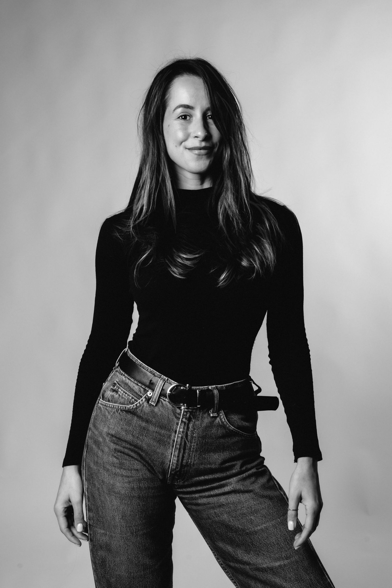 Fashion portrait series in black and white showing casual denim styling.