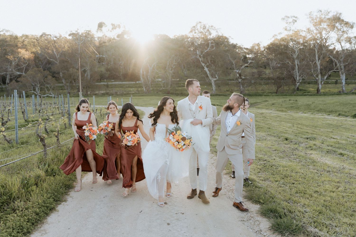 Wedding party on sunset at Howards Vineyard, Adelaide Hills