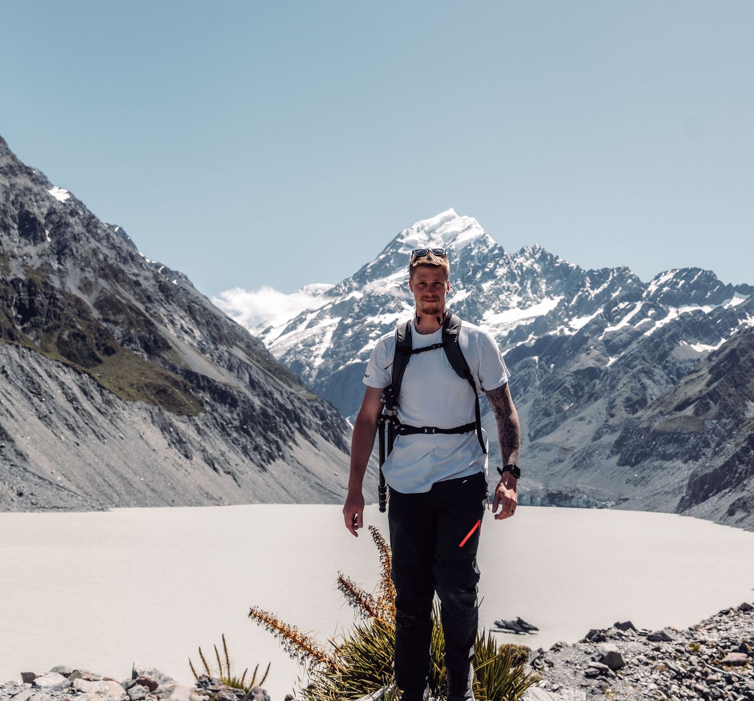 Snow-capped mountain peaks and glacial landscape under clear blue skies.