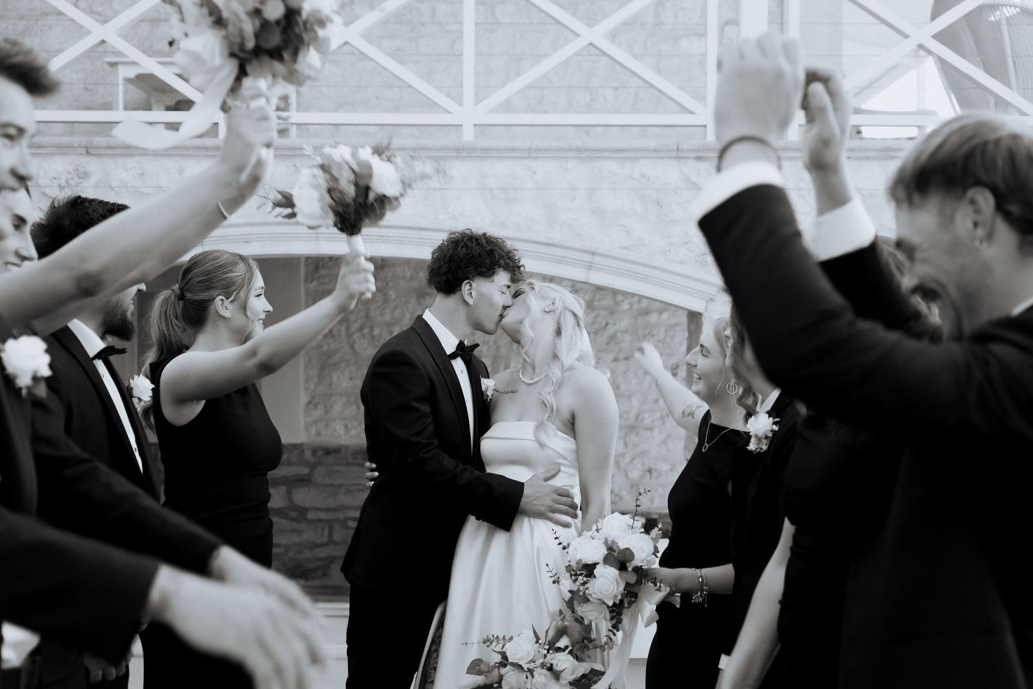 A series of black and white vintage wedding photos showing couples dancing and celebrating at a reception at the alton house, braytmedia