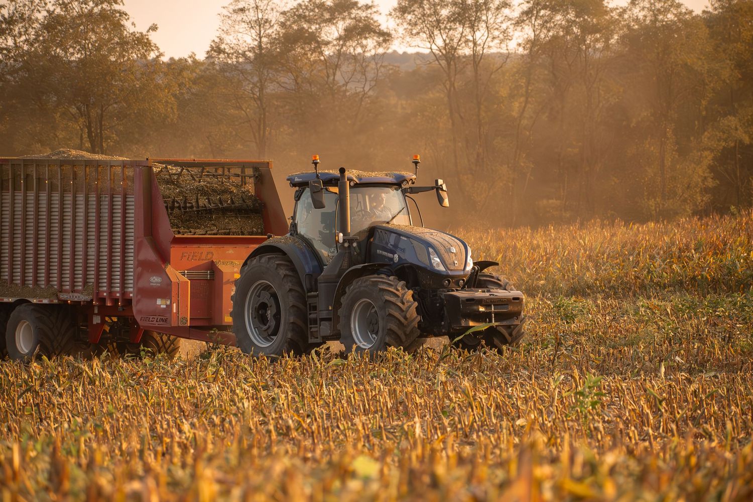 Farm equipment and trailers lined up in a golden cornfield during harvest time.