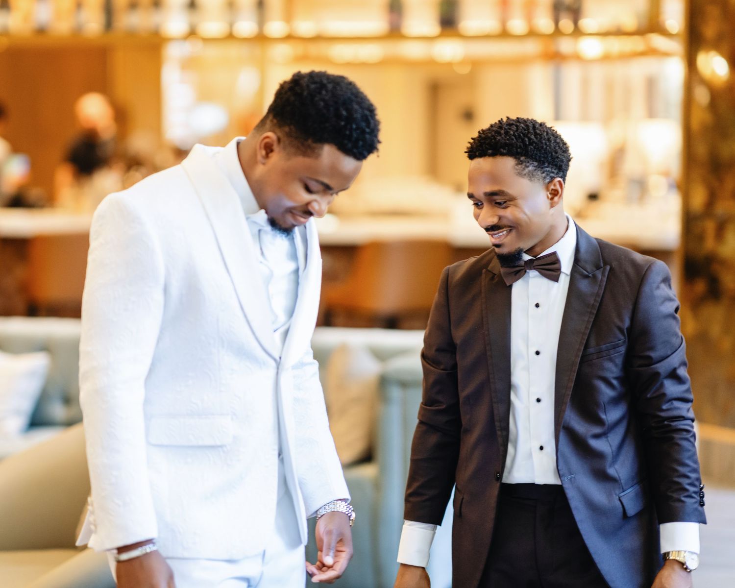 Romantic wedding photo sequence showing intimate moments between newlyweds in formal attire against warm lighting.