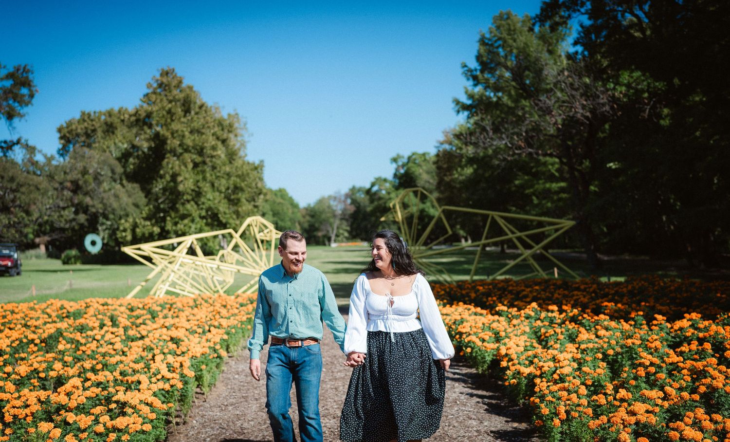 People walk through vibrant orange pumpkin fields on a sunny autumn day at a local farm.