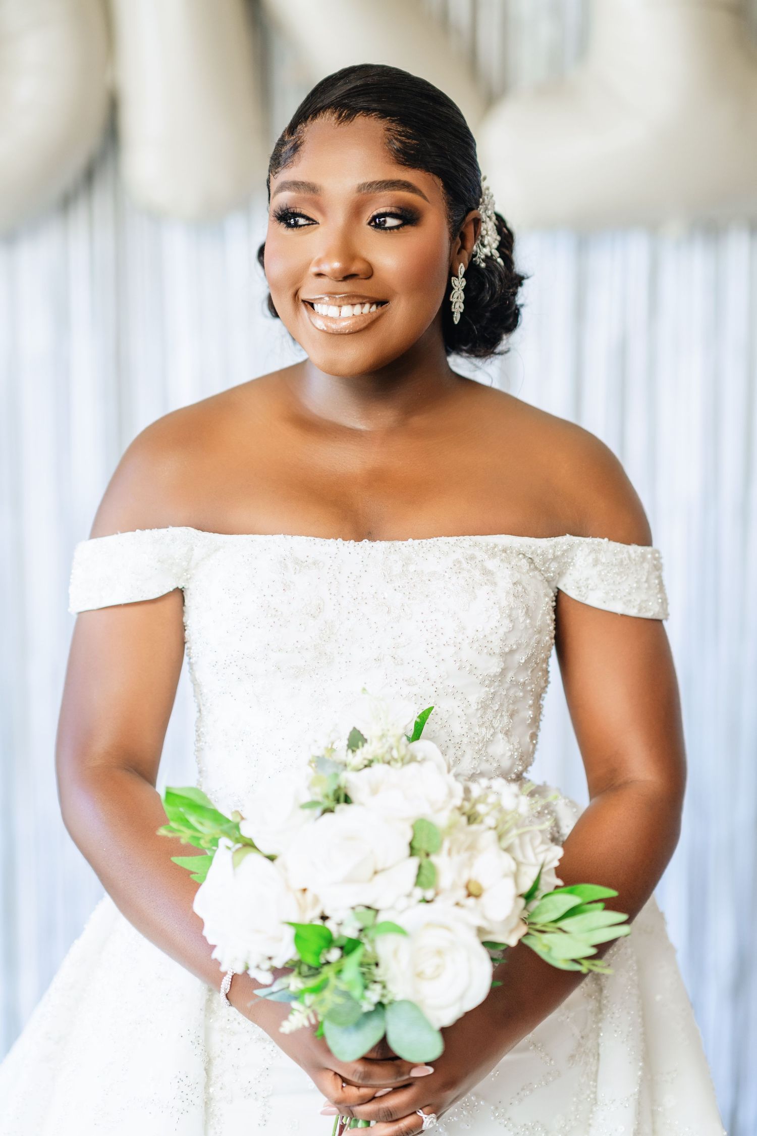 A series of bridal portraits featuring an off-shoulder white lace wedding dress with a white floral bouquet.