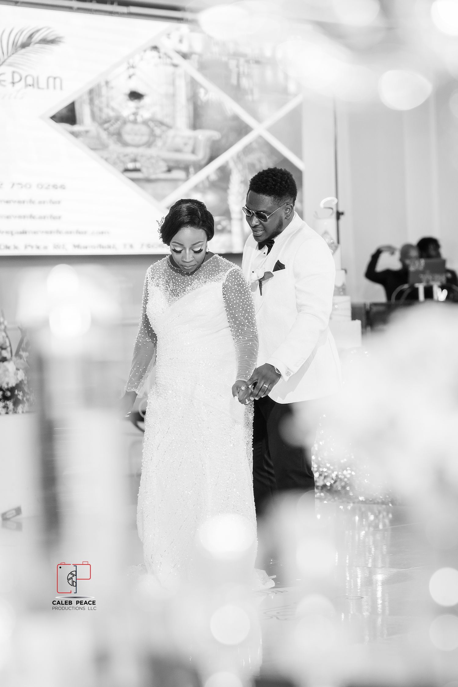 Black and white wedding photo collage showing tender moments between a couple during their celebration.
