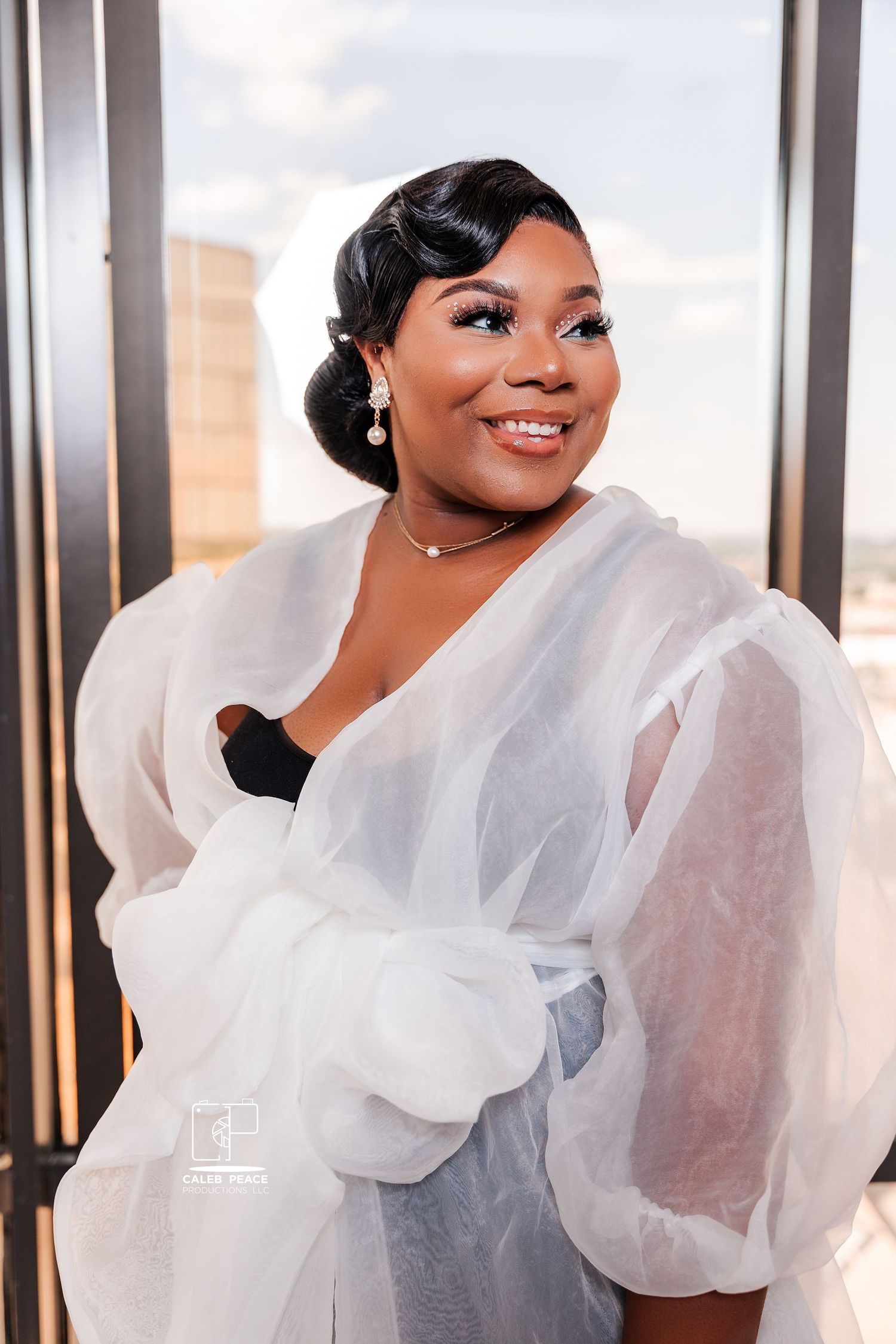 Elegant white organza top with puffy sleeves photographed against a bright window.