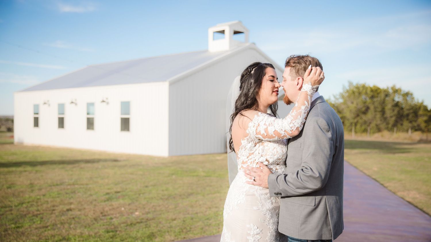 A romantic outdoor wedding photo collage showing couples embracing against scenic natural backdrops and white buildings.