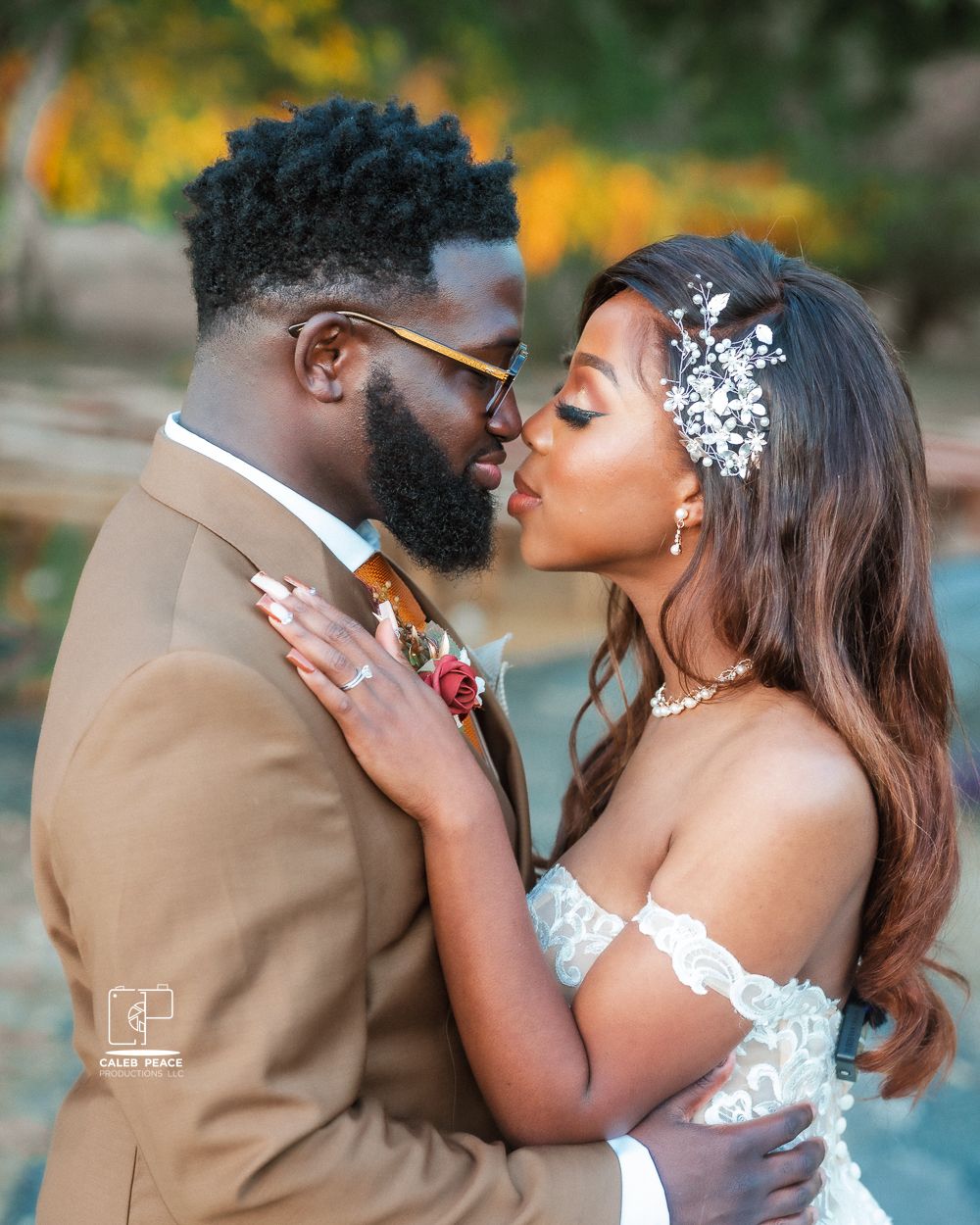 A romantic wedding couple shares tender kisses in a series of outdoor portraits with golden sunlight and natural scenery.