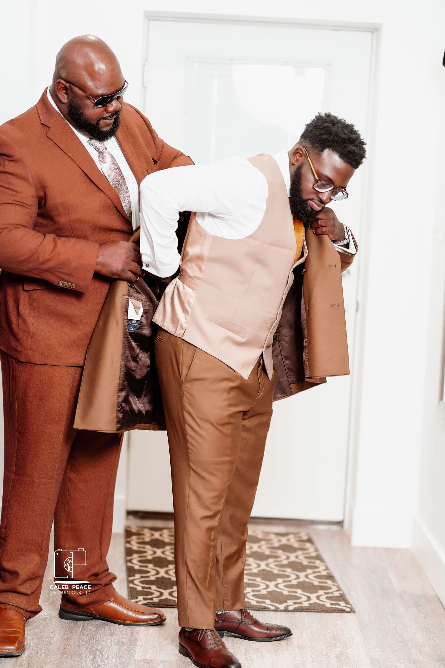 A playful wedding photo series showing a couple in brown and white formal attire posing together.