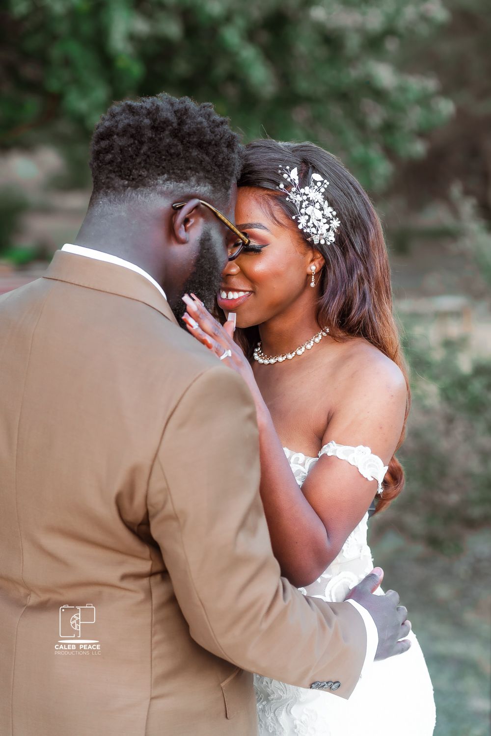 A romantic wedding couple embraces outdoors while sharing tender moments in a series of intimate portraits.