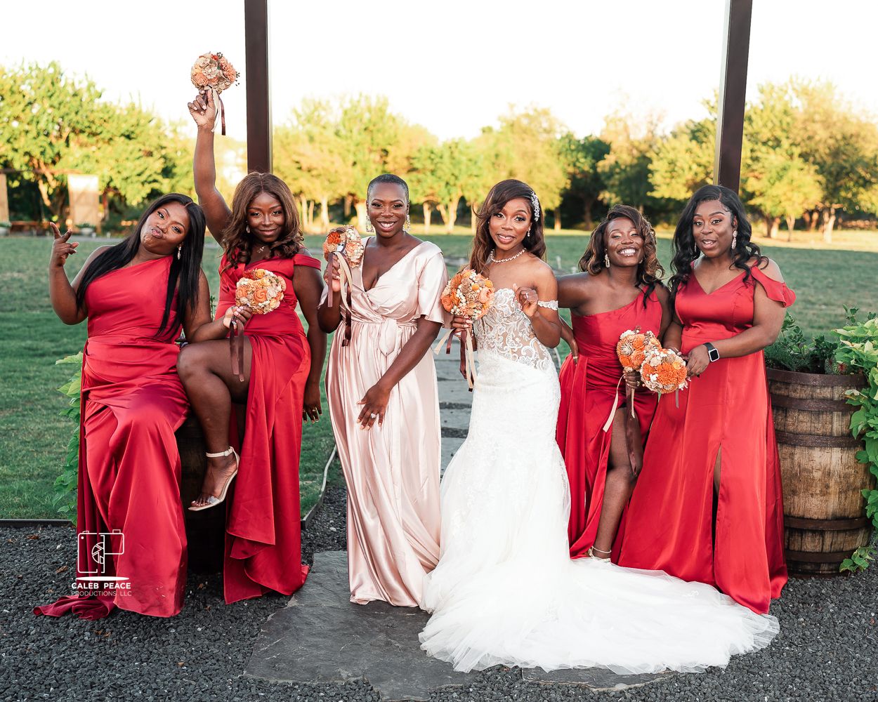 Wedding party photo series with bridesmaids in red dresses and white gowns outdoors.