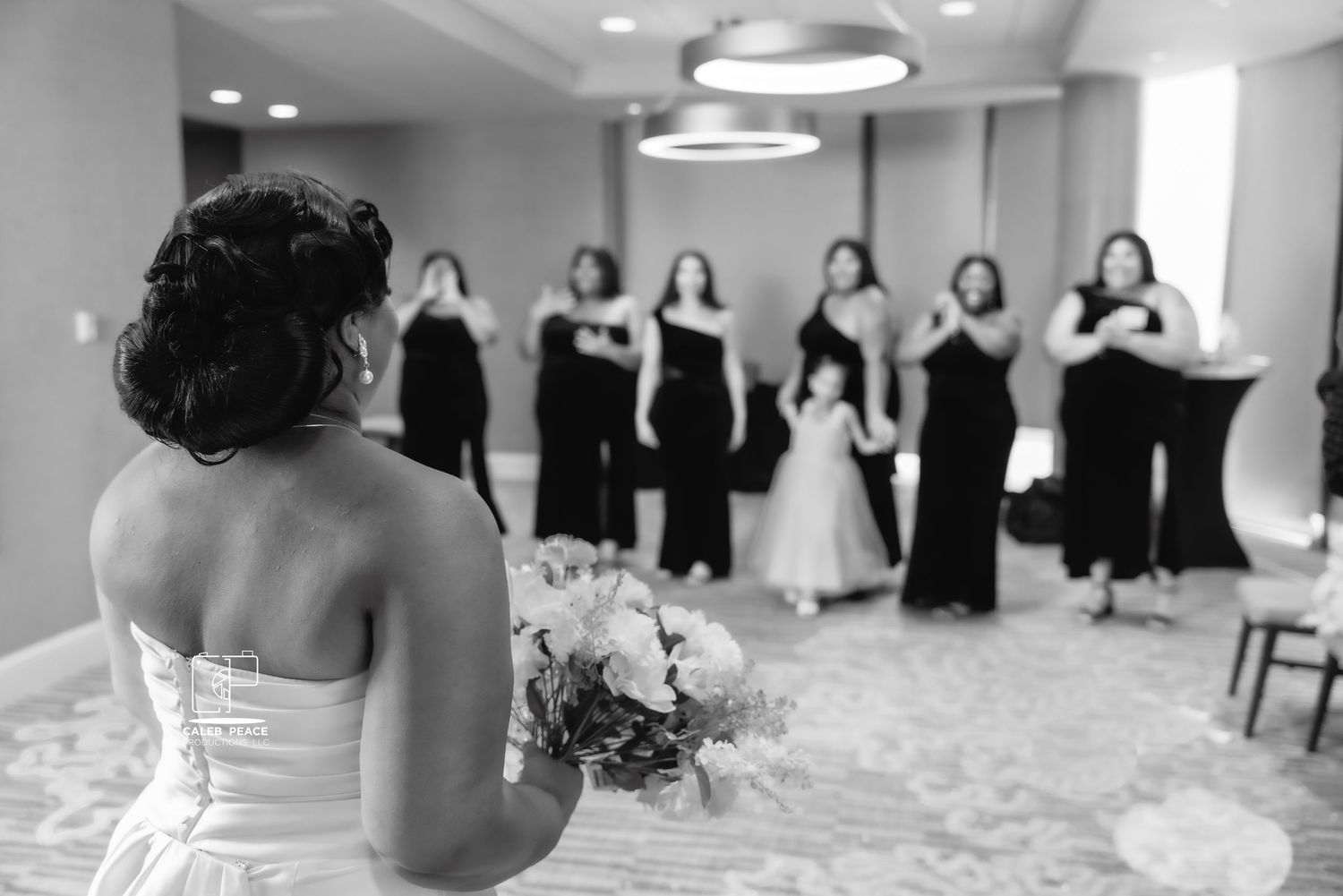 A collage of wedding preparation moments shows people getting ready in a bright white room.