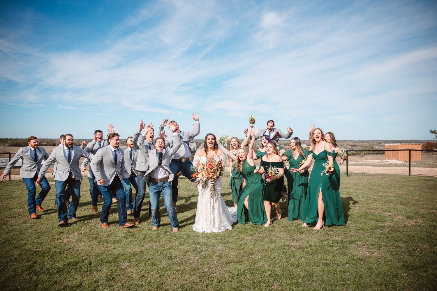 Wedding party group photos with bridesmaids in green dresses and groomsmen in blue against a scenic outdoor landscape.
