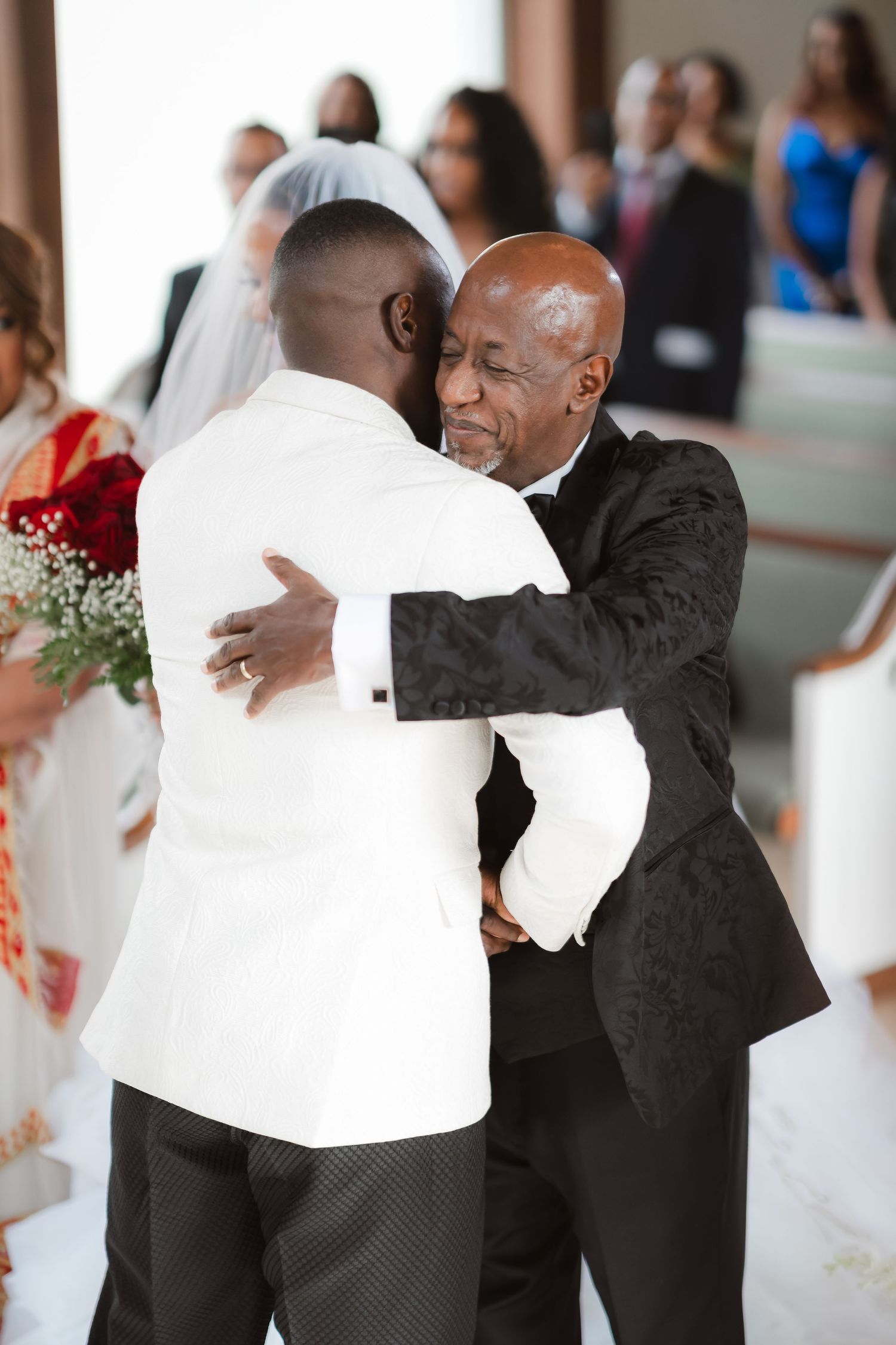 A sequence of emotional moments during a wedding ceremony showing embraces between family members.
