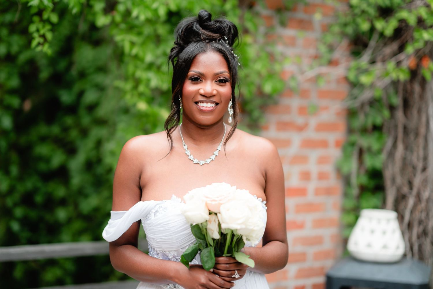 A series of candid wedding photos showing joyful moments between a couple during their outdoor celebration.