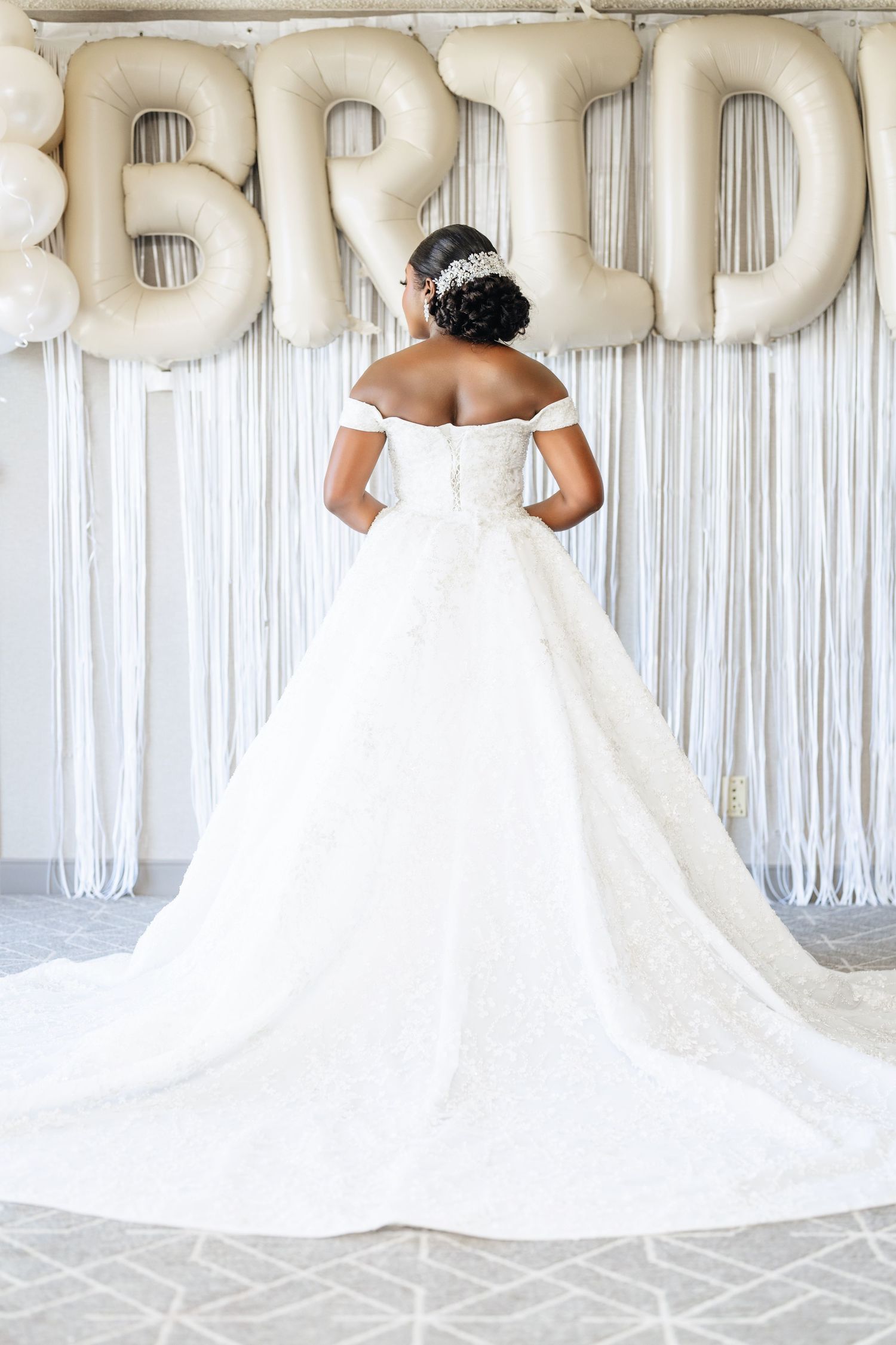 Wedding dress collage showing multiple angles of a flowing white gown with a dramatic train against white backdrop.