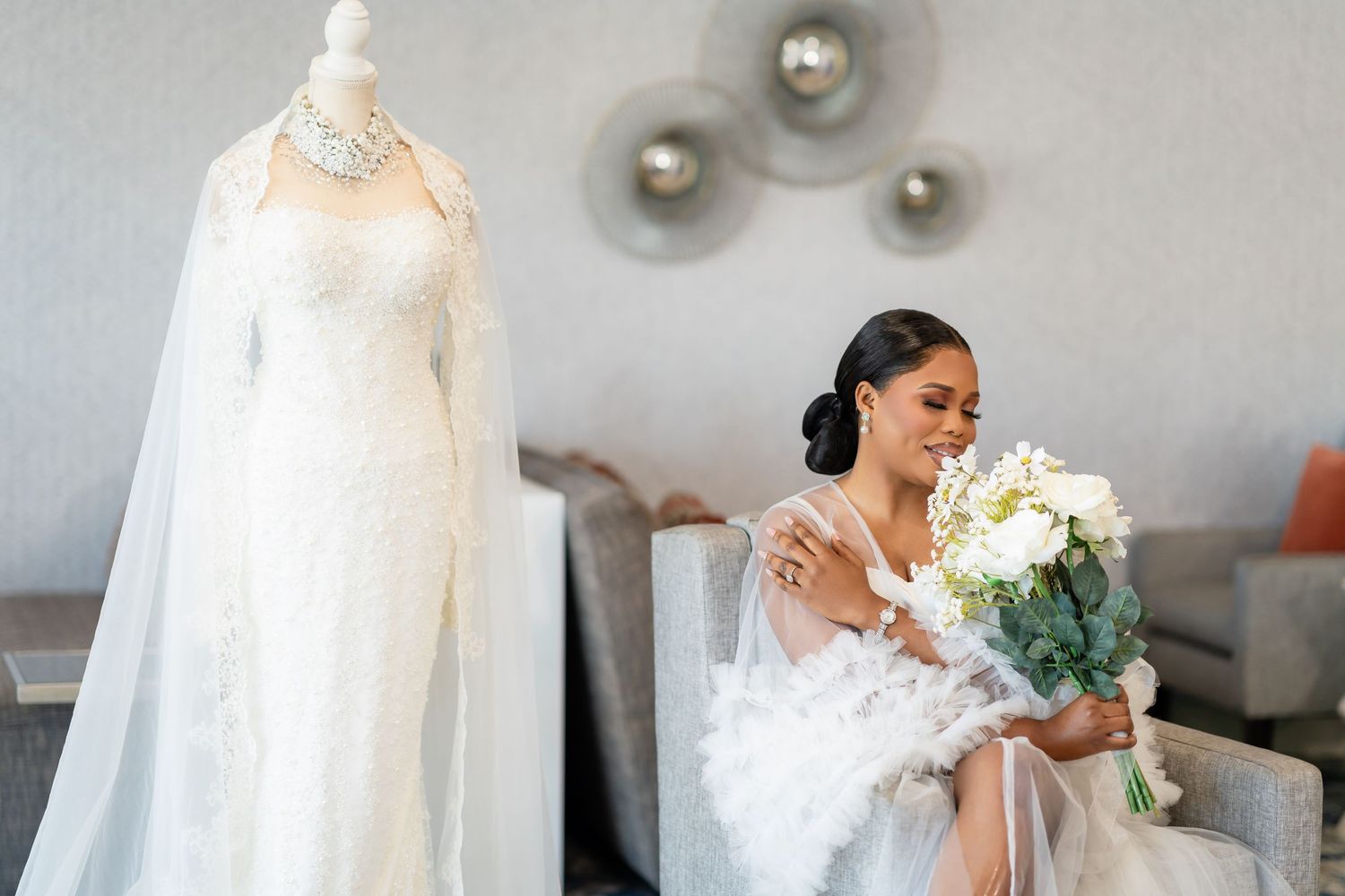 Ethereal bridal photography series showing delicate veil details and white floral bouquet arrangements.