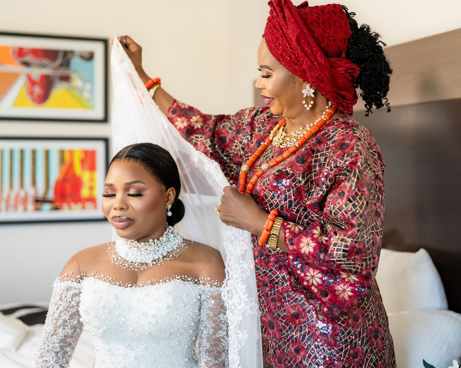 Wedding preparation scene with joyful moments captured in a series of candid shots.
