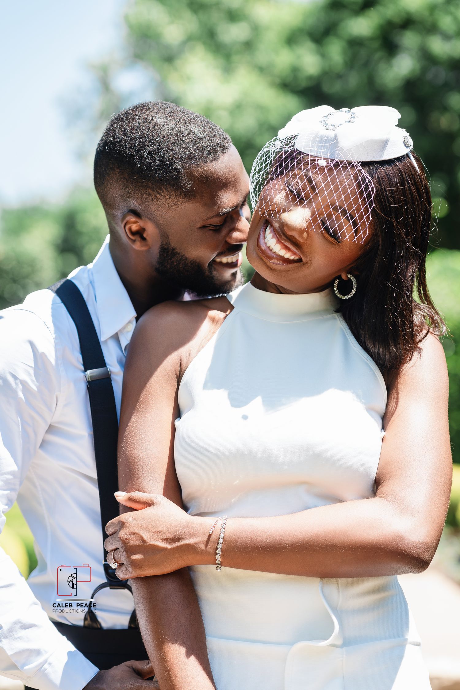 Romantic outdoor wedding photoshoot sequence with couple in white dress and navy suit.