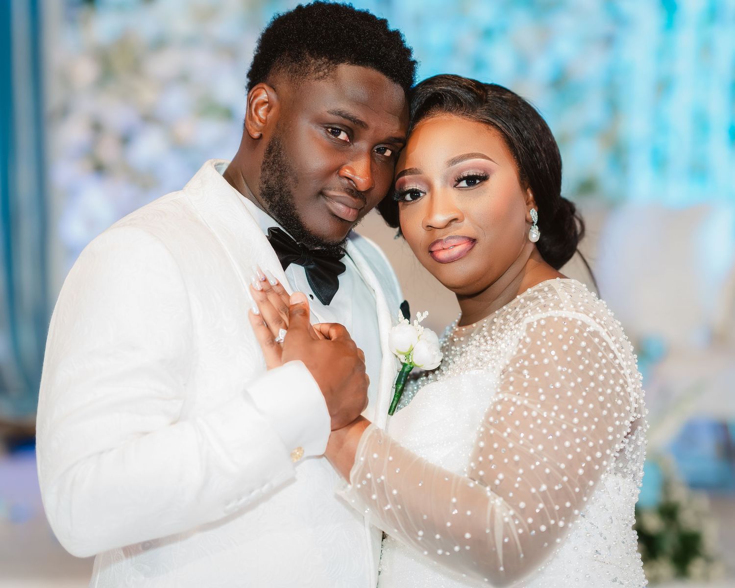 A couple shares intimate moments in formal wedding attire against a soft blue background in a photo collage.