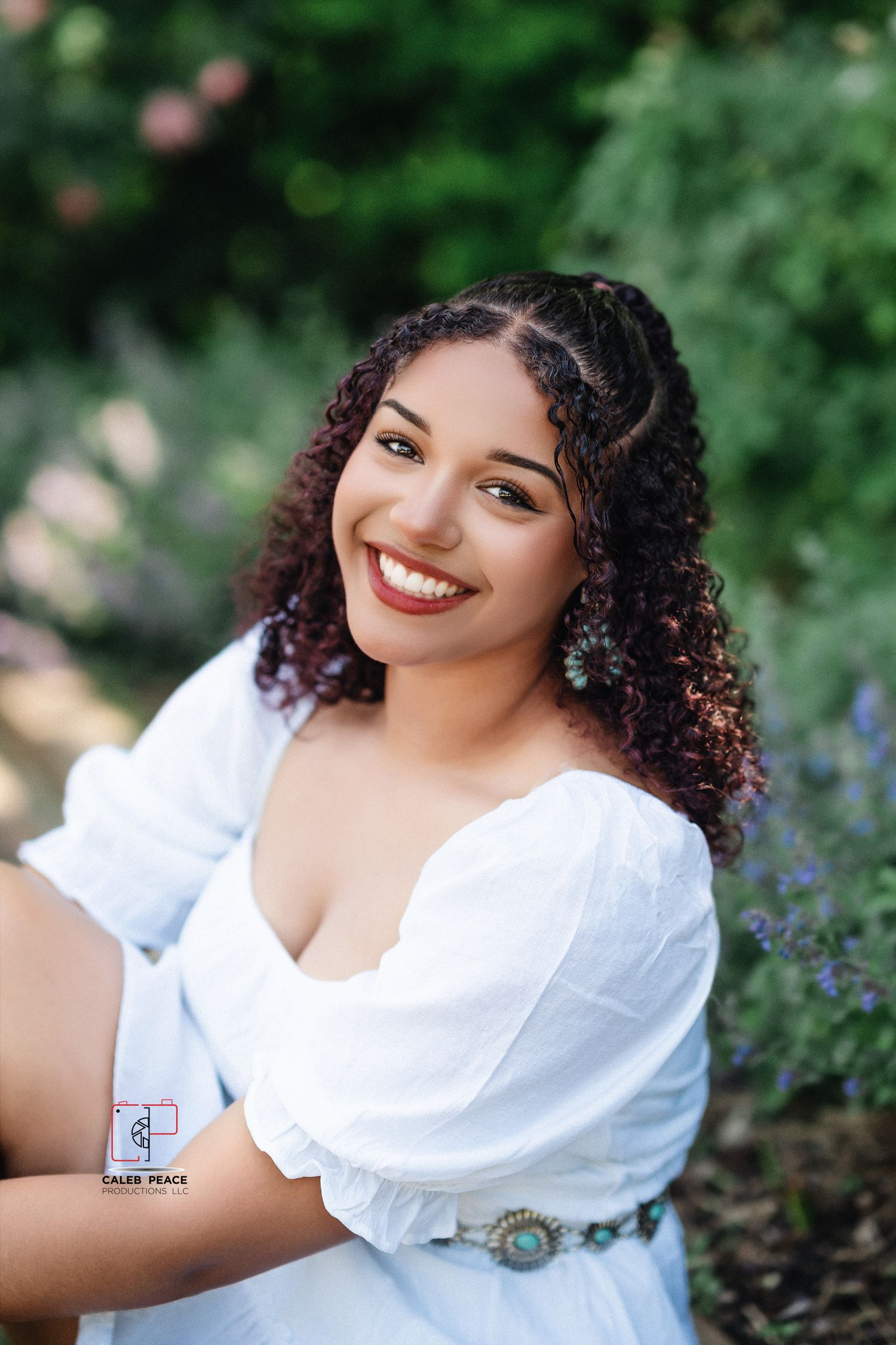 A series of outdoor portrait photos showing someone in a white ruffled top posing against a natural green background.