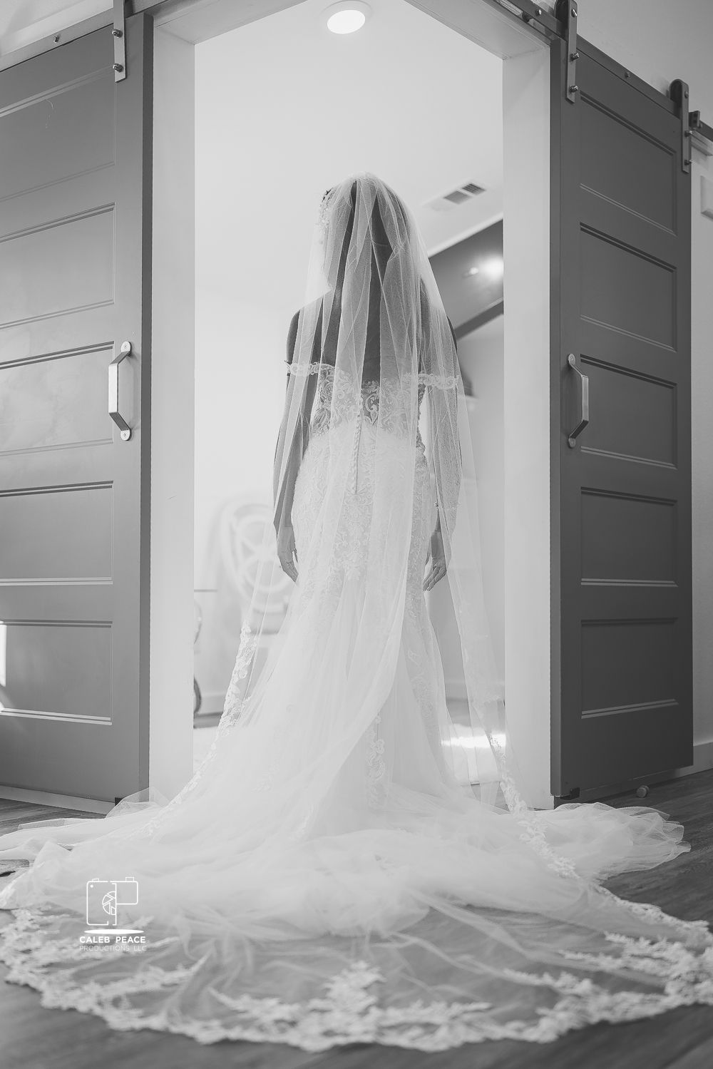 Black and white photo of bride in flowing cathedral veil standing between sliding barn doors.