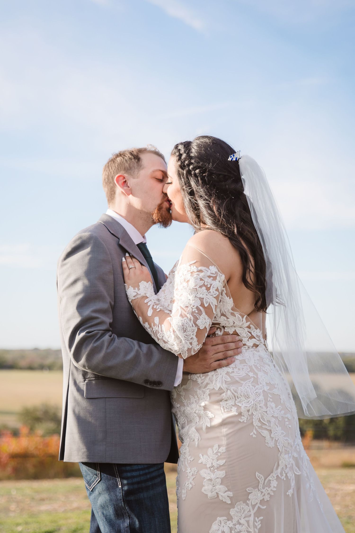 A romantic wedding photo series showing tender moments between newlyweds against a sunny outdoor backdrop.