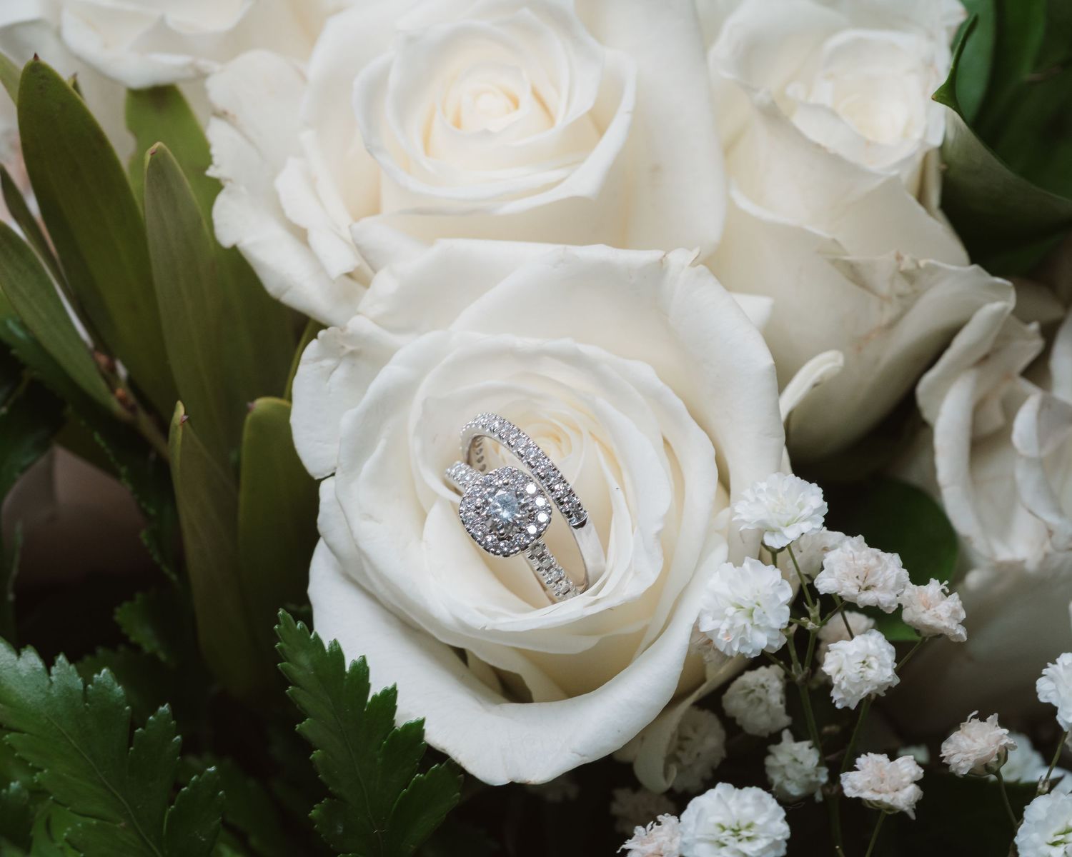 A diamond engagement ring nestled in the center of a white rose with greenery.