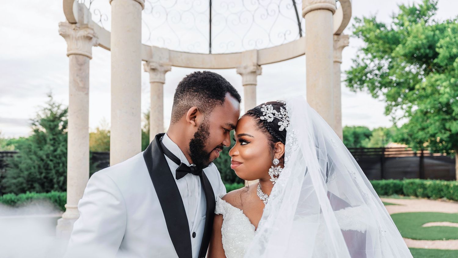 A romantic wedding photo collage showing tender moments between newlyweds under an elegant white gazebo.