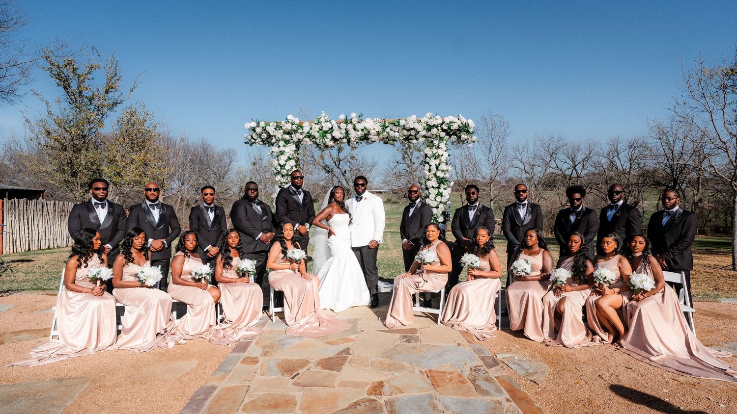A panoramic view of an outdoor wedding ceremony with guests seated under a blue sky on a sunny day.