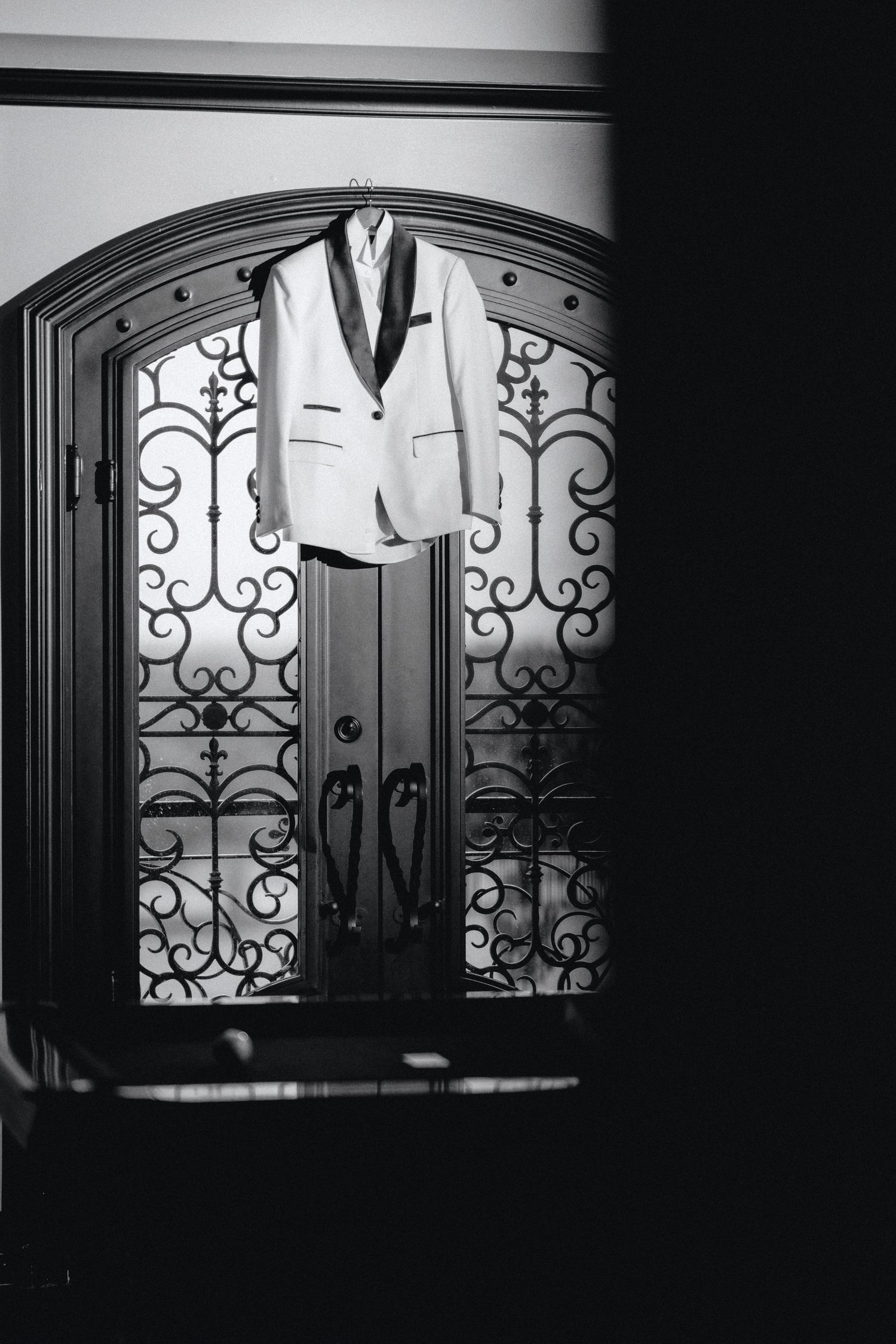 Artistic black and white photo of ornate wrought iron doors with decorative scroll patterns.
