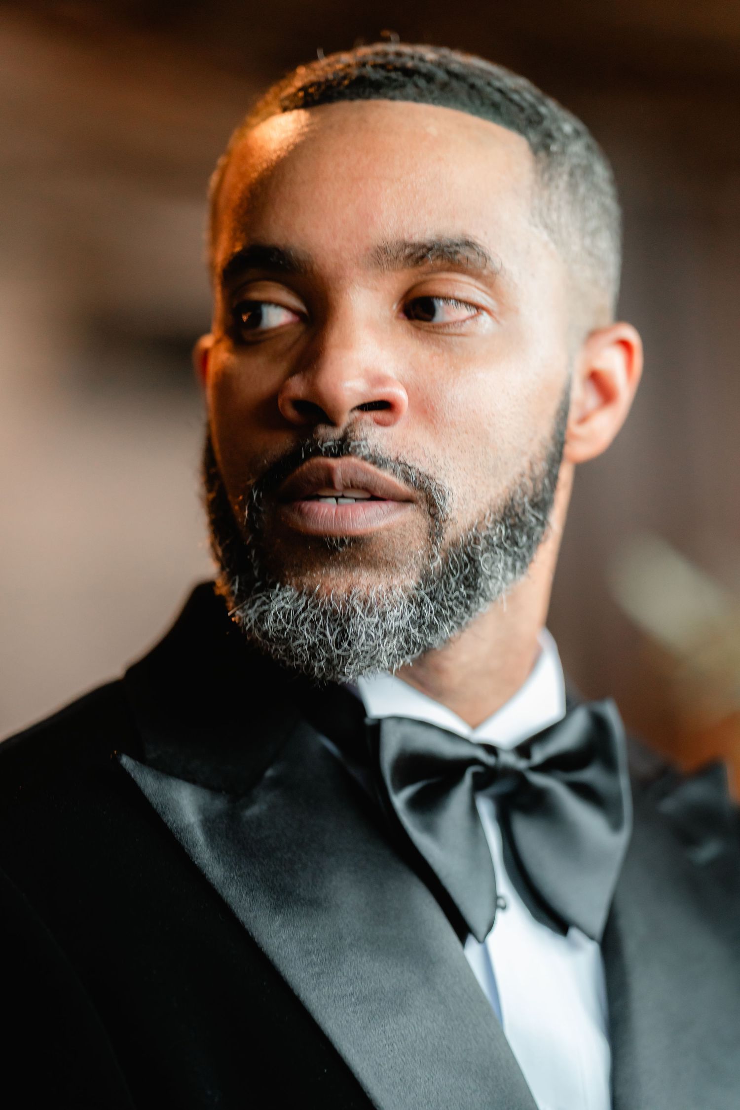 Close-up portrait series showing a well-groomed beard and black bow tie against a dark background.