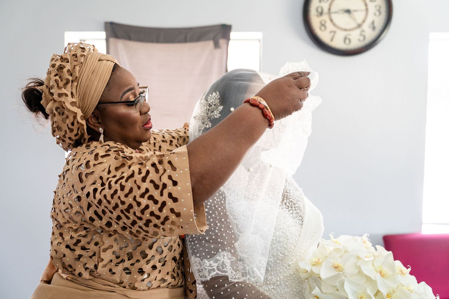 Wedding preparations show close-up details of floral arrangements and decor.