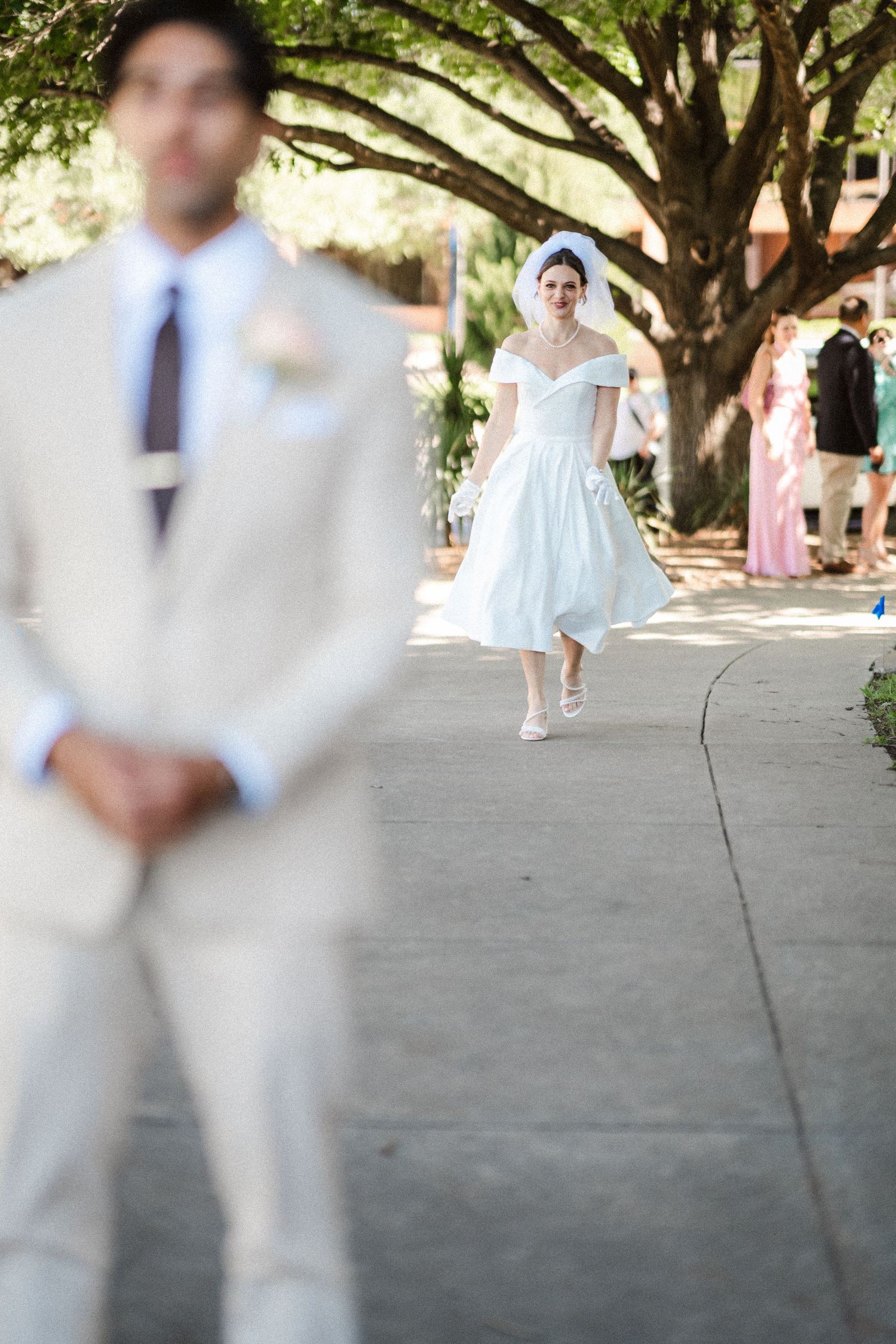 A wedding party poses under a large tree canopy on a sunny afternoon.
