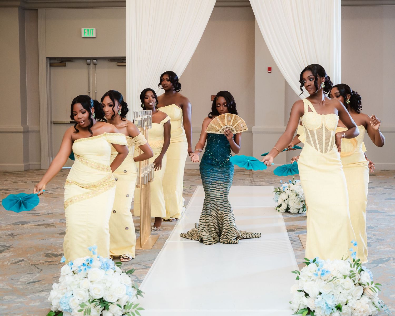 Sequence of dance poses showing a woman in teal dress with gold fan performing choreographed movements.