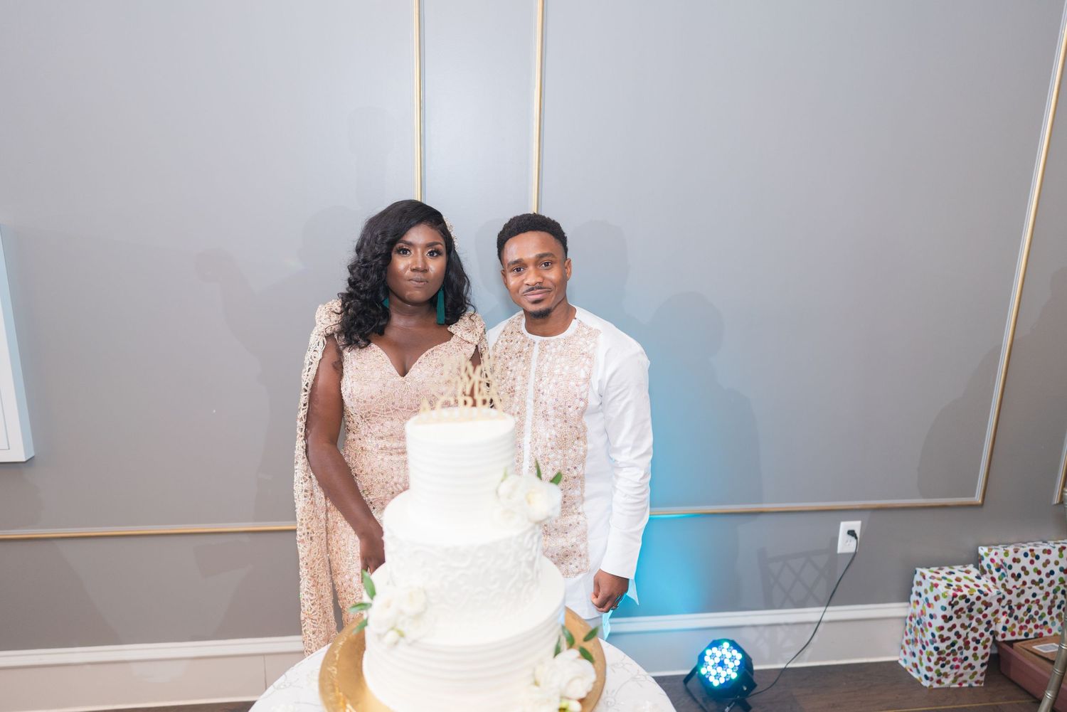 An elegant wedding celebration captured in a series of romantic moments against a light gray backdrop.
