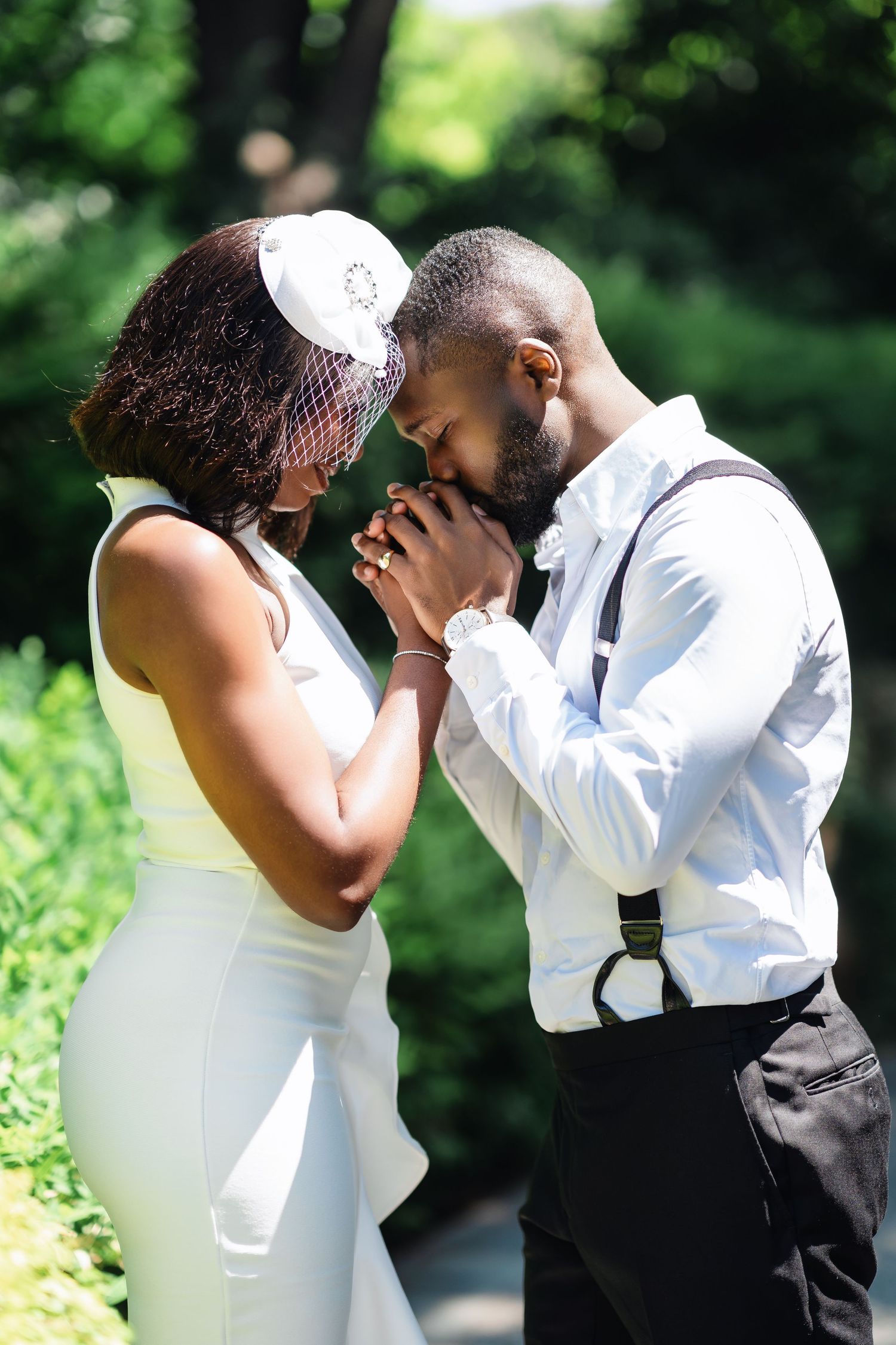 A romantic sequence of wedding photos showing a couple sharing emotional moments in a garden.