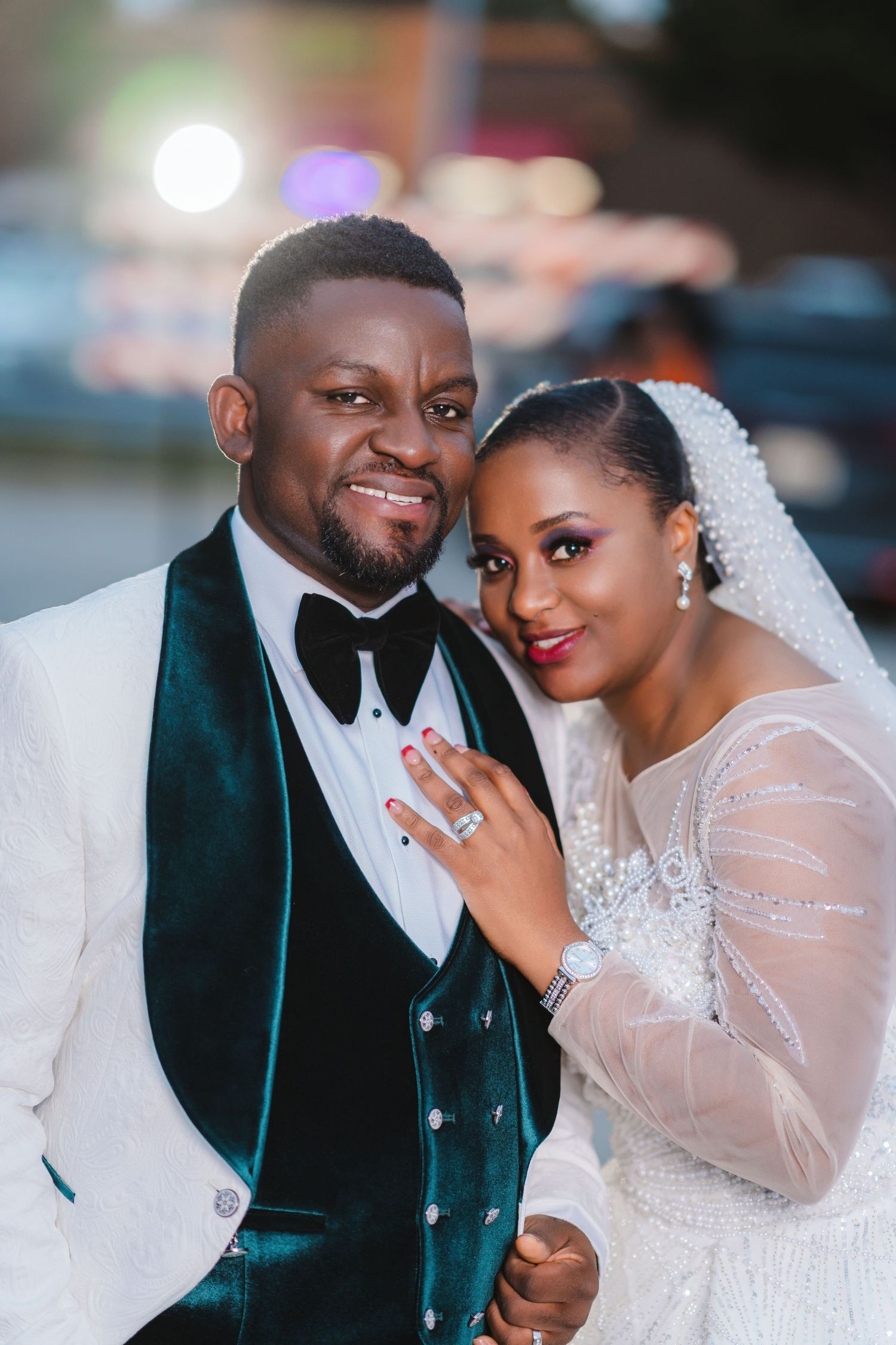 A couple in elegant wedding attire share intimate moments in a series of romantic portrait photographs.