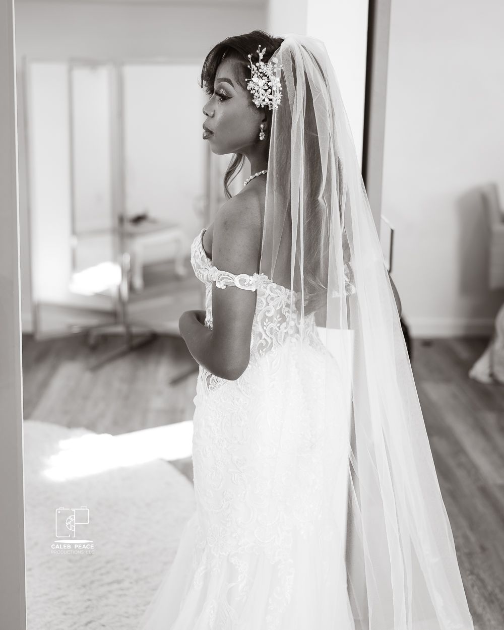 A series of black and white bridal portraits showing a bride in a lace wedding dress and veil against a light background.